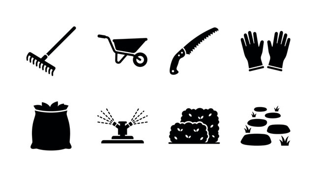 Outdoor Yard Cleaning. Filled icon set of Outdoor Yard Cleaning: grass rake, wheelbarrow cart, pruning saw, garden gloves, leaf bag, sprinkler, hedge bushes, garden pathway. Solid icons set. All icons