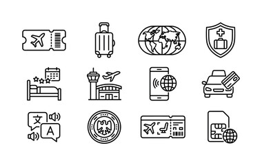 Fototapeta premium Travel and global transactions. Line outline icon set of Travel and global transactions: airplane ticket, luggage suitcase, world map, travel insurance, hotel booking, airport terminal, roaming