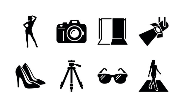 Fashion Photography with Contrasting Backgrounds. Filled icon set of Fashion Photography with Contrasting Backgrounds: fashion model silhouette, studio camera, contrasting backdrop panels, spotlight