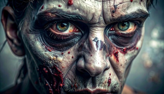 A gruesome close-up portrait of a zombie-like character with bloodshot eyes and pale skin covered in blood splatters