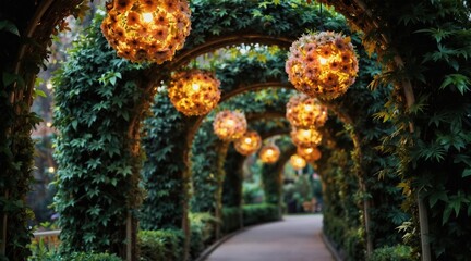 Naklejka premium Green garden path with arches covered in ivy. Illuminated floral spheres hang above walkway. Evening light creates magical atmosphere in botanical park.
