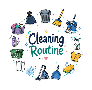 Cleaning Routine. Hand drawn illustration of Cleaning Routine. trash can, broomstick, mop bucket, spray cleaner, rubber gloves, sponge, dustpan, vacuum cleaner, soap bubbles, paper towel roll,