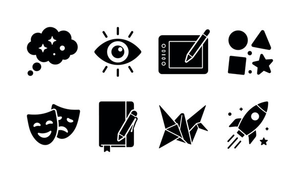 Imagination Development. Filled icon set of Imagination Development: imagination cloud, creative eye, drawing tablet, abstract shapes, theater mask, writing journal, origami paper, idea rocket. Solid