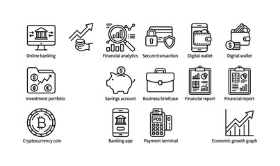 Fototapeta premium International banking and finance. Line outline icon set of International banking and finance: online banking, financial analytics, secure transaction, digital wallet, investment portfolio, savings