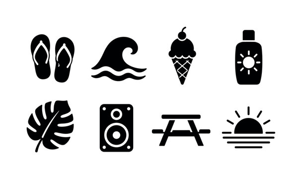 Summer Beach Party Style. Filled icon set of Summer Beach Party Style: sandals, ocean waves, ice cream cone, sunscreen bottle, tropical leaf, music speaker, picnic table, sunset sun. Solid icons set.