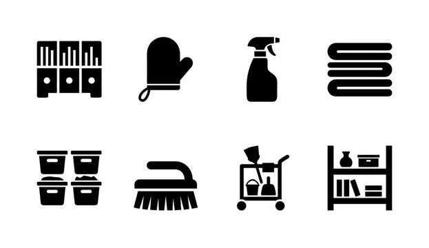Organizing And Dusting Shelves. Filled icon set of Organizing And Dusting Shelves: bookshelf organizer, dusting mitt, cleaner spray, folded towels, storage bins, hand brush, cleaning cart, tidy shelf