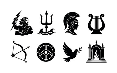 Fototapeta premium Greek Gods. Filled icon set of Greek Gods: Zeus thunderbolt, Poseidon trident, Athena helmet, Apollo lyre, Artemis bow, Ares shield, Aphrodite dove, Hades underworld gate. Solid icons set. All icons