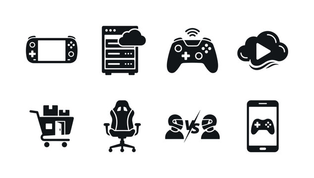 Virtual Gaming Networks. Filled icon set of Virtual Gaming Networks: gaming monitor, esports arena, player ranking chart, VR headset, online friends icon, strategy game board, server connection,