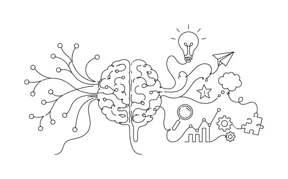 "Brain and Innovation Science". Minimalistic one-line drawing abstract neural pathways flowing into creative symbols and analytical thinking elements, continuous single black line on white background,