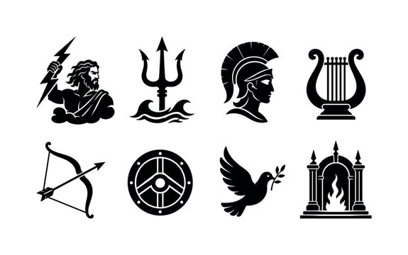 Greek Gods. Filled icon set of Greek Gods: Zeus thunderbolt, Poseidon trident, Athena helmet, Apollo lyre, Artemis bow, Ares shield, Aphrodite dove, Hades underworld gate. Solid icons set. All icons