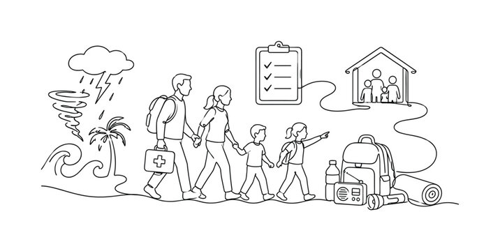 "Natural Disaster Safety and Survival". Minimalistic one-line drawing family following emergency evacuation plan during natural disaster with safety kit and shelter symbols, continuous single black