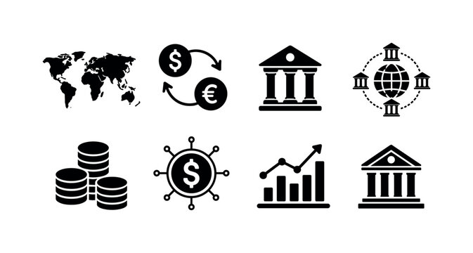 International Currency Systems. Filled icon set of International Currency Systems: world map, currency exchange arrows, bank building, global banking network, coin stacks, digital currency symbol,