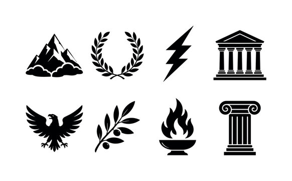 Olympian Mythology. Filled icon set of Olympian Mythology: Mount Olympus, laurel wreath, lightning bolt, ancient temple, eagle symbol, olive branch, sacred flame, marble column. Solid icons set. All