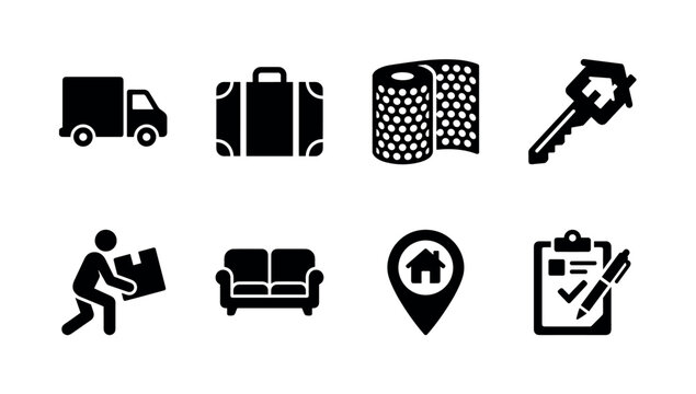 Residential Relocation Services. Filled icon set of Residential Relocation Services: delivery van, packed suitcase, bubble wrap roll, home key, lifting worker, furniture sofa, address location pin,