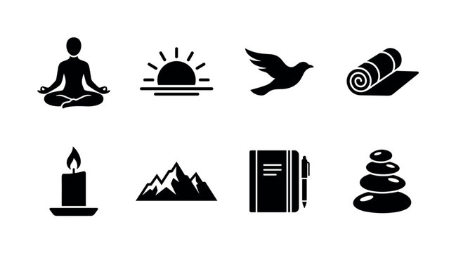Mindful Outdoor Living. Filled icon set of mindful outdoor living: meditation pose, sunrise horizon, bird silhouette, yoga mat, calming candle, mountain landscape, journal notebook, zen stones. Solid