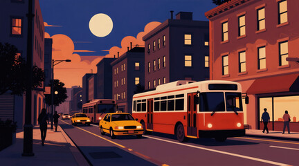 Fototapeta premium City street at dusk with a red bus and yellow taxis. Buildings line the road as people walk on sidewalk under a large moon and orange clouds. Urban transportation scene.