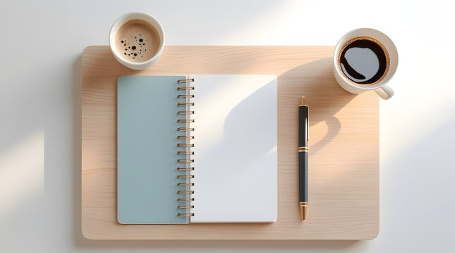 a perfect setup of office like notebook to note down  and cup of tea