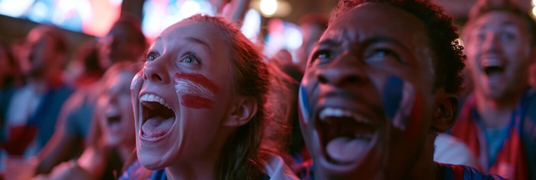 Diverse soccer fans in red, white, and blue face paint watching a match on a giant screen in a packed bar, electric anticipation, bright screen glow and dim ambient light, energetic wide composition.