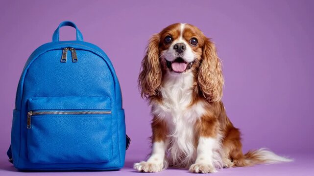 Happy cavalier king charles spaniel sitting next to a blue backpack on purple background, puppy school