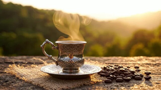 Steaming vintage coffee cup with roasted beans at sunrise, rustic morning atmosphere, cozy caffeine concept