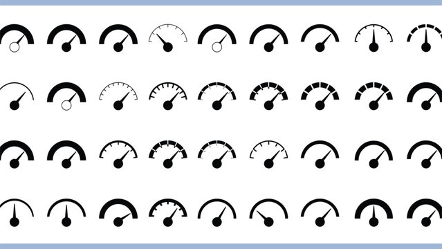Speedometer and Gauge Vector Icon Set with Diverse Dial Indicators for Dashboard Interfaces, Performance Tracking, Speed Measurement, and Analytics Designs