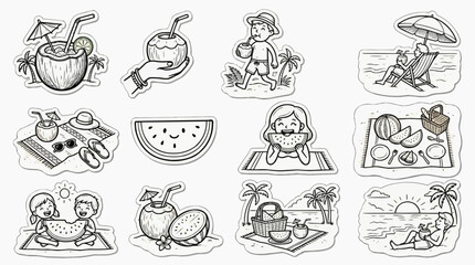 Obraz premium Tropical beach picnic and cute watermelon doodle sticker set