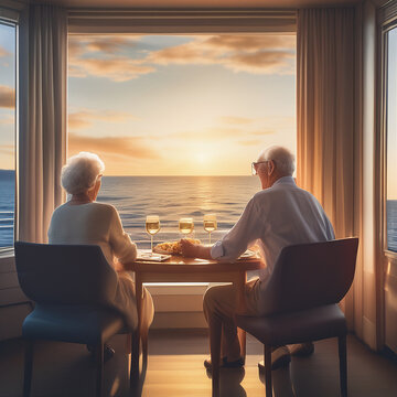 Senior couple sitting side by side at a cruise ship window watching the sunset over the sea rear view