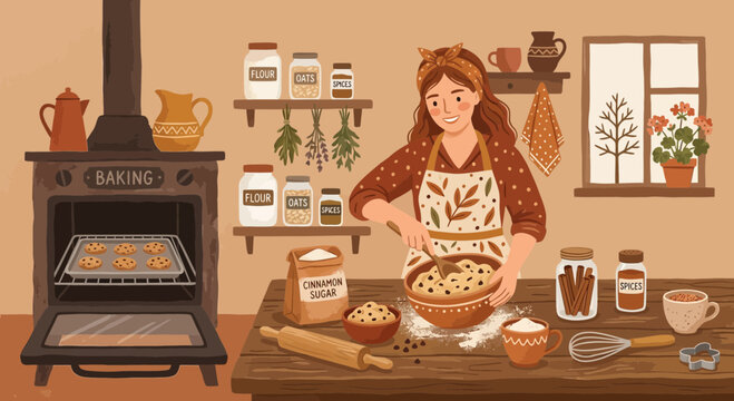 Woman baking cookies in rustic kitchen, cheerful home scene