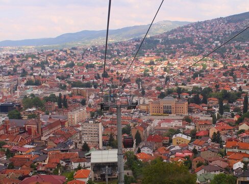 Panoramic view of Sarajevo with City Hall from the Trebevic cable car in Bosnia and Herzegovina