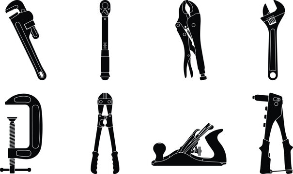 Mechanical hand tools and carpentry hardware equipment black silhouette vector icons collection isolated on white background