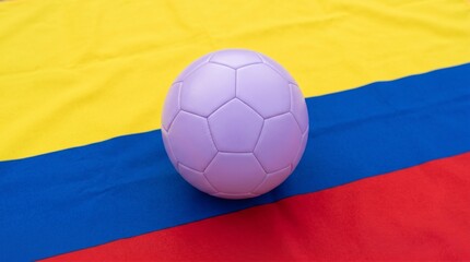 Fototapeta premium A light purple soccer ball rests atop Colombia’s flag, symbolizing unity through sport.