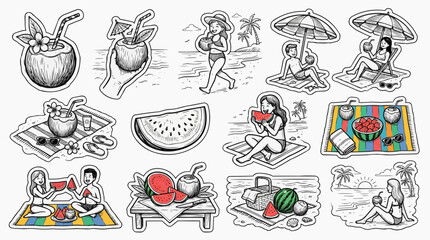 Fototapeta premium Summer beach and watermelon doodle sticker vector set