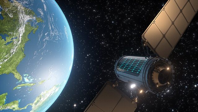 Orbital data center satellite. Realistic CGI.