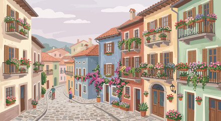 Obraz premium Charming European street scene with colorful buildings and flowers