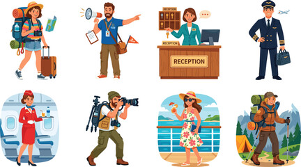 Vector cartoon illustrations set of travel and tourism professionals including pilot flight attendant tour guide hotel receptionist photographer and tourists © Mst Farida
