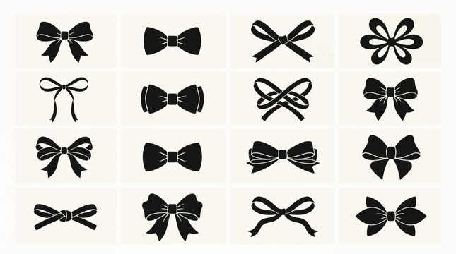 Collection of various black bow tie designs and ribbon bows on white background