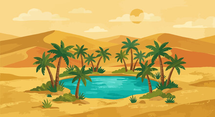 Obraz premium Desert oasis with palm trees and a lagoon under a sunny sky