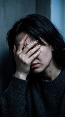 Fototapeta premium Distressed Woman Hides Face In Corner With Overwhelmed Expression Stark Lighting