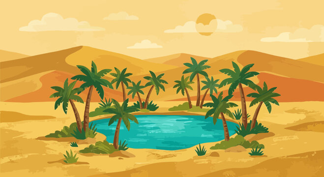 Desert oasis with palm trees and a lagoon under a sunny sky