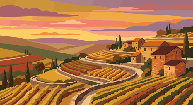 Italian rural landscape with vineyards and houses, sunset sky