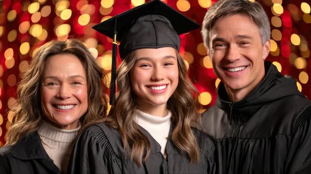 Smiling Asian female graduate in black cap and gown stands between two proud parents, celebrating achievement with festive bokeh lights in the background during graduation ceremony