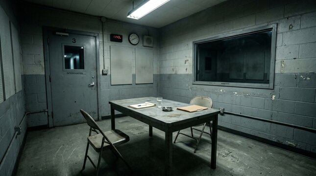 A dimly lit interrogation room with a table and two chairs in a grey cinderblock setting