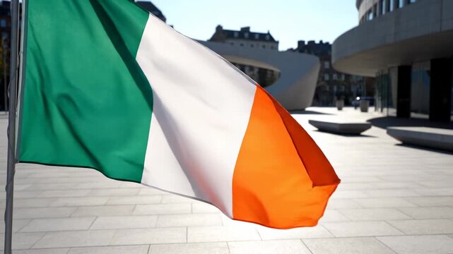Irish tricolor flag unfurling dynamically on a pole against modern minimalist architectural square with historic buildings in bright sunny daylight. irish identity in contemporary urban setting
