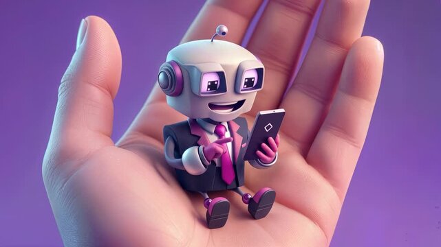 Tiny cartoon robot in business suit sitting on human palm and using smartphone. Lockdown close-up shot.