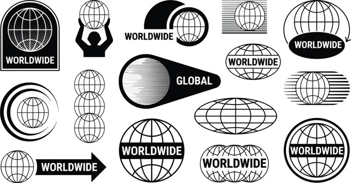 Worldwide Globe Badge and Logo Icon Set with Y2K Retro Futuristic Tech Elements for Global Logistics, Streetwear Fashion Graphics, and Modern Corporate Identity Designs