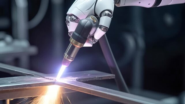 Robotic hand performing precision plasma cutting on metal plate. Industrial automation in modern manufacturing facility. Close-up shot with horizontal panning.