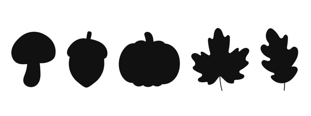 Minimalist autumn black silhouettes icon set in a row on white background. Vector fall nature symbols with mushroom pumpkin acorn and leaves. © Kidzkamba