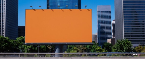 Obraz premium Large blank orange billboard stands in modern city center surrounded by tall office buildings. Empty space for advertising message creative design on street signage. Public display attracts attention.