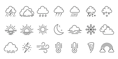 Obraz premium Weather icons collection in outline, including sun, clouds, rain, snow, wind, and temperature symbols. weather icons representing different atmospheric conditions.