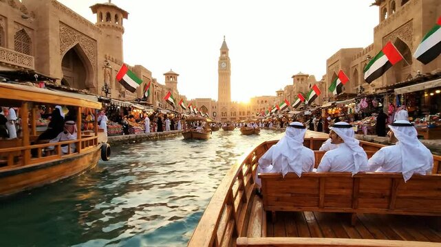Traditional abra boat ride at souk madinat jumeirah dubai with sunset view and uae flags traditional boat